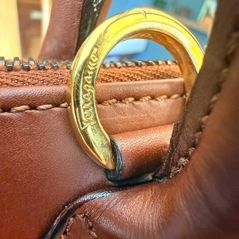 Salvatore Ferragamo Studded Brown Leather Satchel Bag with Gold Hardware - Picture 7 of 17